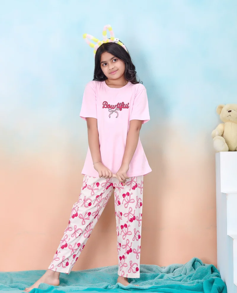 Artemea  Bow-tiful , Bow print Girls Premium Pajama set (2pc set -Top & Bottom) for Women | Best Price UAE